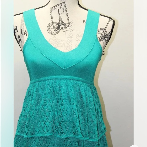 Bebe turquoise blue Ruffled Halter Tier Dress Jersey Medium - Picture 3 of 13